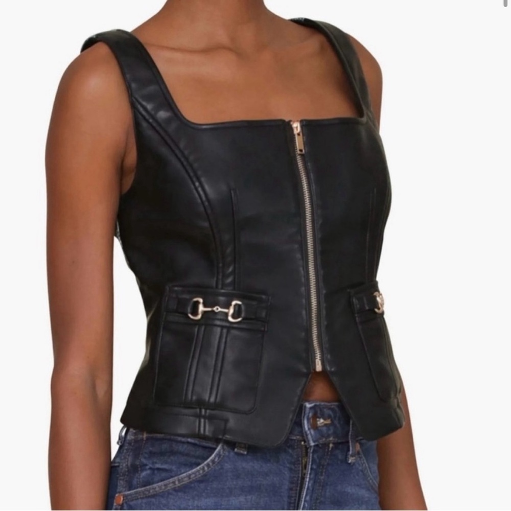 Black Faux Leather Zip-Up Vest
